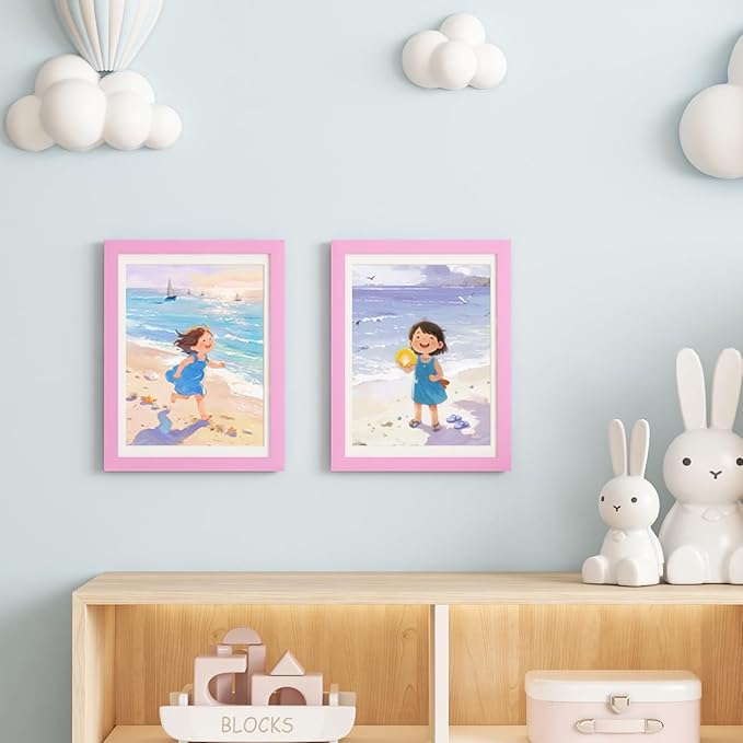 KINLINK 9x12 Kids Art Frame Set of 2, Solid Wood Kids Artwork Frames Changeable with Front Opening Hold 150 Pictures, Art Frames for Kids Art with Mat，without Mat 9x12 Picture Frame Pink