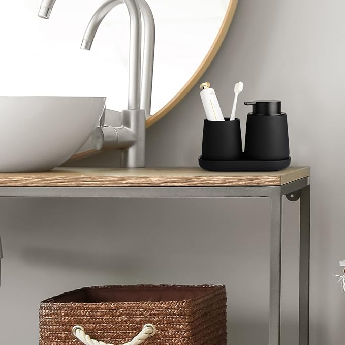 BosilunLife Ceramic Bathroom Accessories Set 3 Pcs, Foaming Soap Dispenser and Toothbrush Holder with Tray, Modern Farmhouse Vanity Decor, Black Housewarming Gift