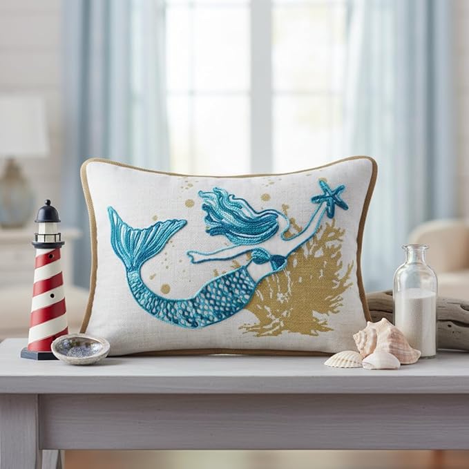Comfy Hour Under The Sea Collection Ocean Mermaid Starfish Coral Coastal Accent Throw Pillow Cushion for Marine Animal Lovers, Polyester