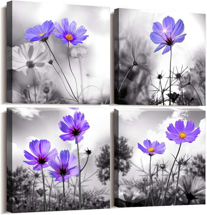 wall art for living room Black and White purple flower Big Canvas Prints Wall Decor Artwork 16" x 16" 4 Pieces Framed Black Border Ready to Hang for bedroom kitchen Home Decoration with office