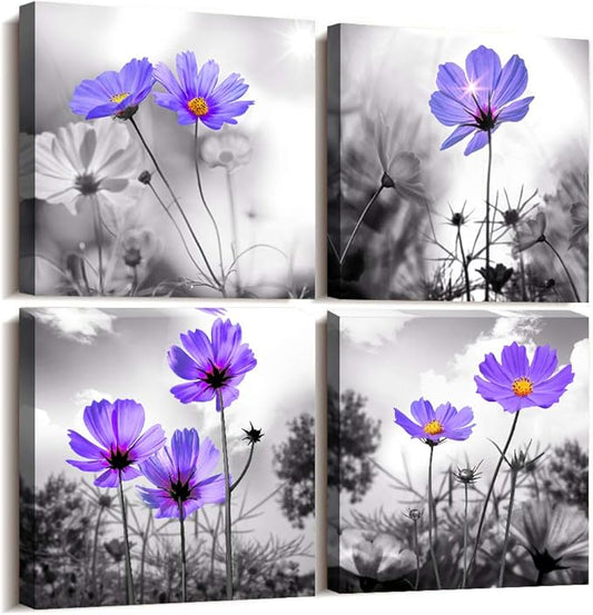 wall art for living room Black and White purple flower Big Canvas Prints Wall Decor Artwork 16" x 16" 4 Pieces Framed Black Border Ready to Hang for bedroom kitchen Home Decoration with office