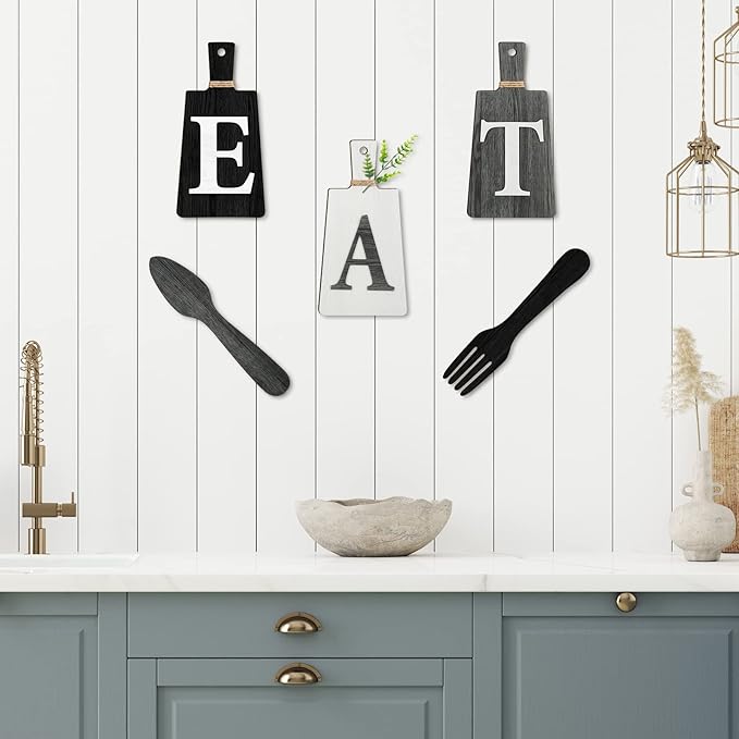 Jetec Cutting Board Eat Sign Set Hanging Art Kitchen Eat Sign Farmhouse Fork and Spoon Wall Decor Rustic Primitive Country Kitchen Decor for Home over Cabinet Decoration(Black, White, Gray)