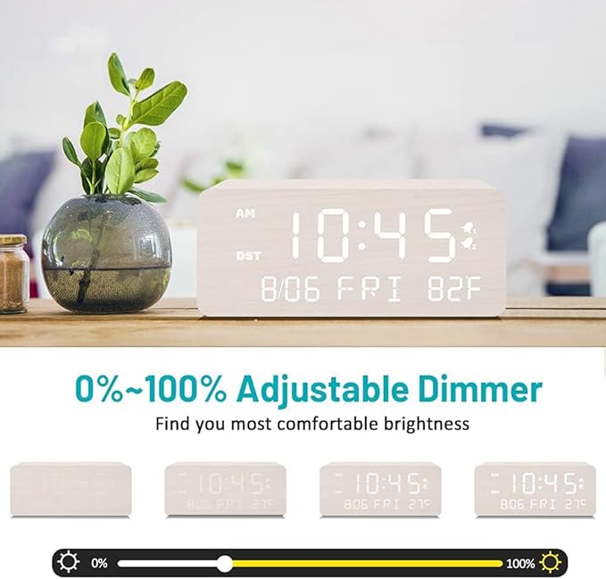 Andoolex Wooden Digital Alarm Clock with Wireless Charging, 0-100% Adjustable Brightness Dimmer and Alarm Volume, Weekday/Weekend Mode, Dual Alarm, Snooze, 12/24H, Wood LED Clock for Bedroom (White)