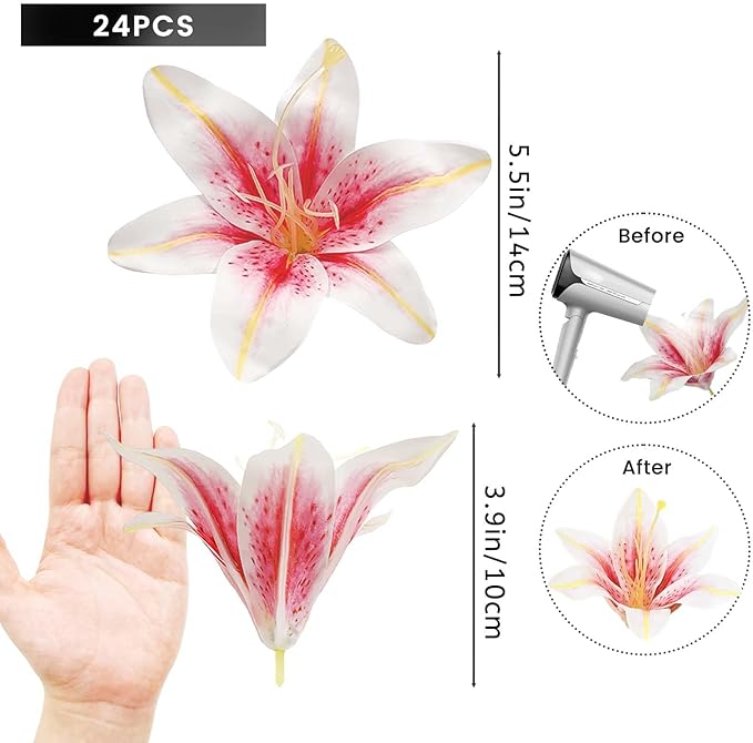 SNAIL GARDEN 24PCS 5.5" Large Fake Lilies Flower Heads with Realistic Stamens,24PCS Pink Artificial Flower Heads, Bulk Silk Flowers for Crafts, Cake Decorating, Wedding Party Wreath, Home Decor