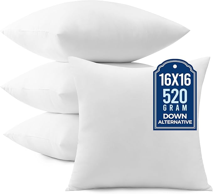 puredown® 16x16 Throw Pillow Inserts, Pack of 4, Fluffy Soft Pillow Inserts Form Sham Stuffer, Square Decorative Throw Pillows for Couch, Sofa, Bed and Home Decor