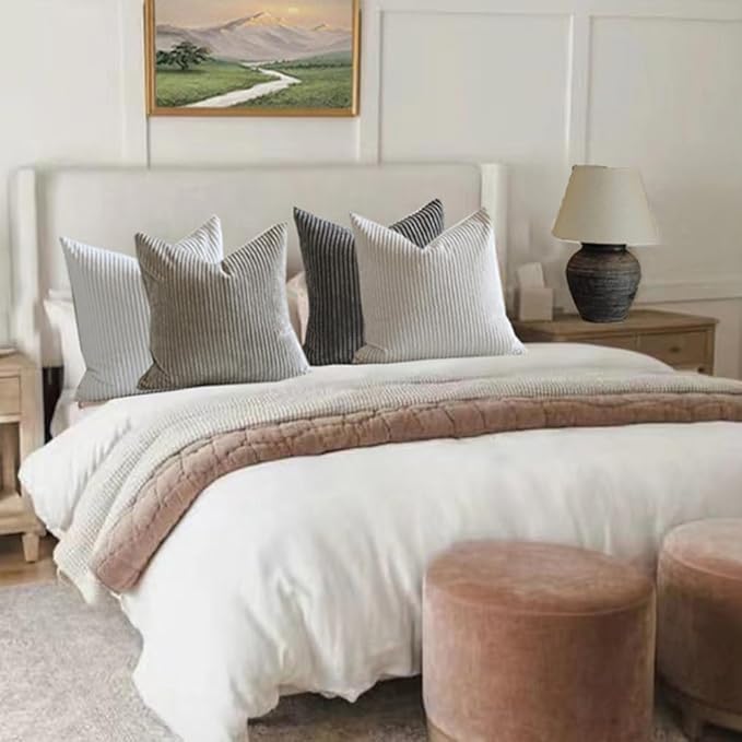 LANANAS Neutral Couch Throw Pillow Covers 18x18 Inch Set of 4 Decorative Farmhouse Boho Throw Pillows for Living Room, Couch, Bed, Sofa Soft Corduroy Accent Home Decor (Neutral, 18x18 Inch)