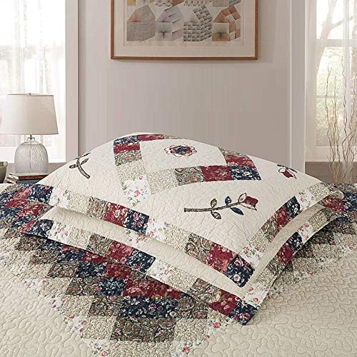 Floral Patchwork Quilt Set Queen Size Authentic Embroidered Stitching Bedspread Coverlet 100% Cotton Beige French Country Reversible Bed Cover Set Soft Breathable Cotton Comforter Cover,3pcs