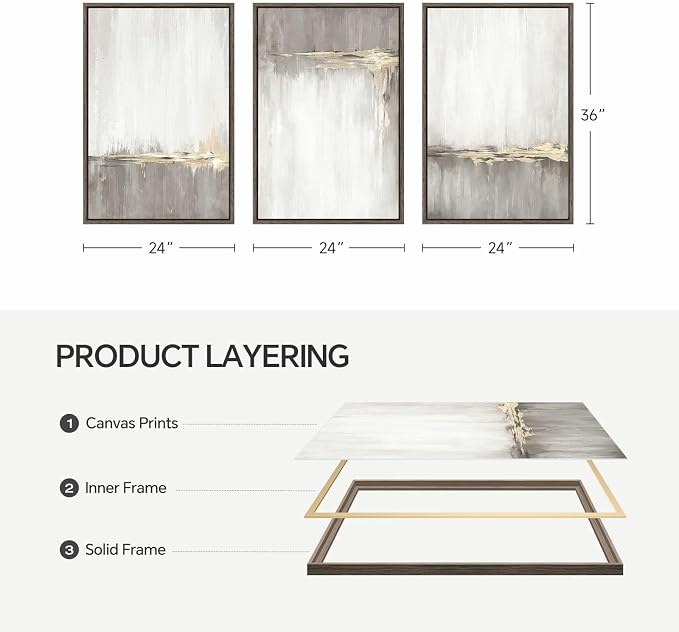 Framed Grey White Abstract Wall Art for Living Room, 3 Piece Large Gold Neutral Canvas Prints Artwork for Walls, Gray Modern Minimalist Paintings Pictures for Home Office Hallway Wall Decor, 24X36 In