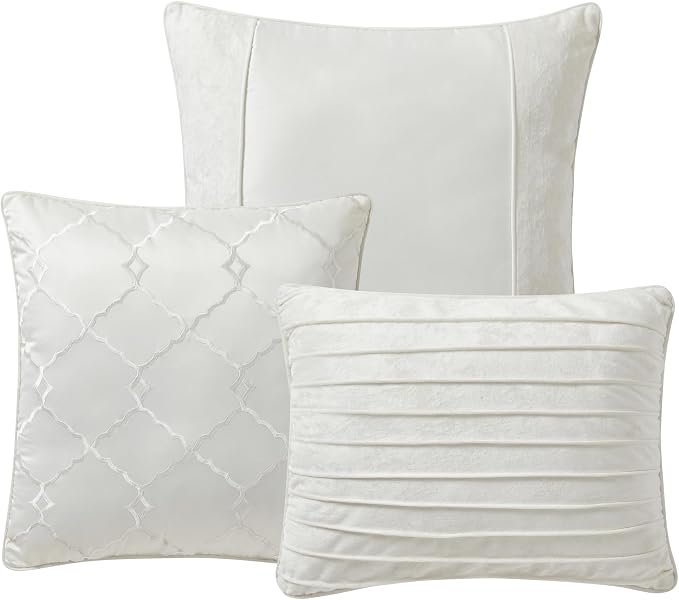 Queen Comforter Set 7 Piece - Ultra-Soft Comforter, 2 Shams, Elegant Bed Skirt, & 3 Decorative Throw Pillows - Luxurious Crushed Velvet Premium Bedding Ensemble for Sophisticated Bedroom Decor, Ivory