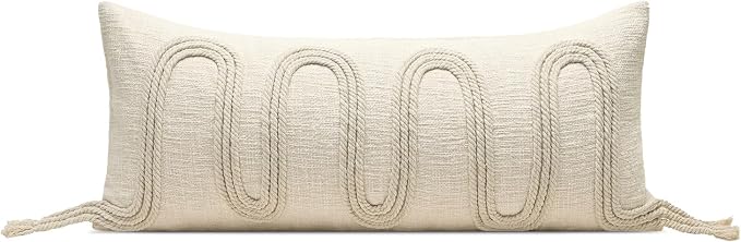 Beige Decorative Lumbar Pillow Cover 12x28, Handwoven Boho Long Body Pillowcase, Farmhouse Linen Cotton Pillow Cushion Case for Sofa, Bed, Living Room, Bedroom