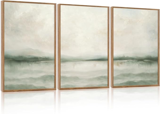TOARTi Large Framed Misty Green Mountain Lake Canvas Wall Art,Watercolor Abstract Natural Landscape Wall Decor,Neutral Modern Scenery Art Prints for Farmhouse Home Living Room Bedroom Office-24”x35”x3