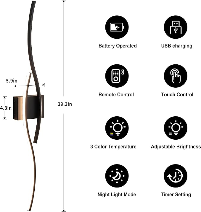 KARTOOSH Battery Operated Wall Sconces with Remote Control, Dimmable/3 Color/Night-Light/Timer/Memory, Black Modern Wireless LED Sconce for Living Room, Hallway, Bedroom, 39.3 Inch (1 Pack)