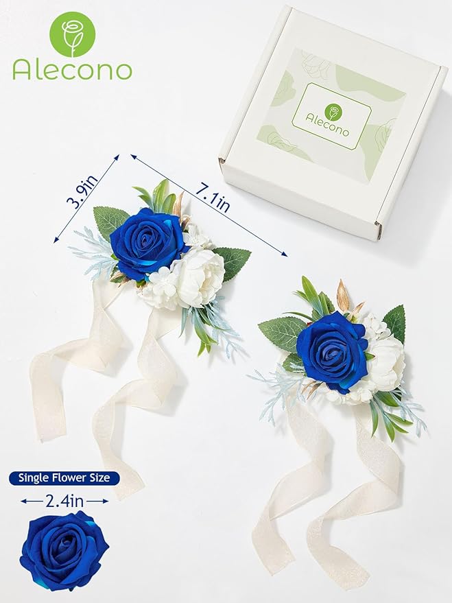 Alecono Set of 2 Wrist Corsage for Wedding, Navy Blue Corsages for Bride Bridesmaid, Artificial Flowers for Prom Graduation Ceremony Anniversary