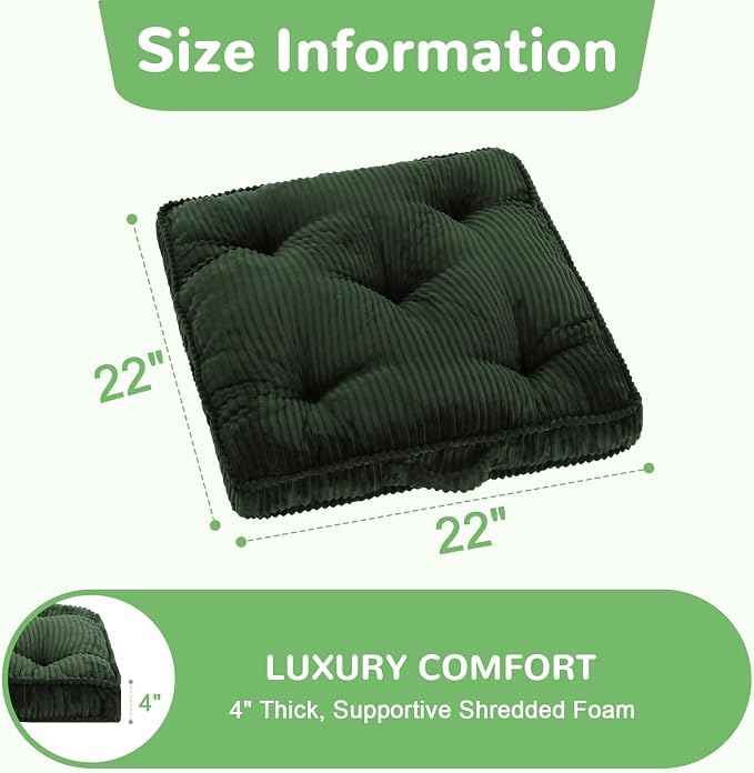 Meditation Floor Cushion, 22x22 Tufted Floor Pillow for Adults, Square Large Meditation Cushion Pillow, Green Corduroy Sitting with Handle, Yoga Seating for Tatami, 1Pack