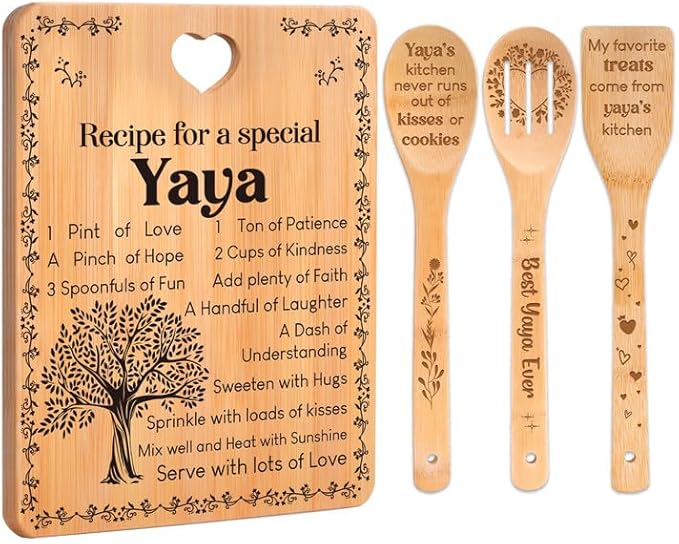 Yaya Gifts - "Recipe for a Special Yaya" Yaya Gifts for Grandma Cutting Board Set, Bamboo-Made Engraved Utensil Set Gifts for Yaya Cutting Board, Mothers Day Gifts for Yaya