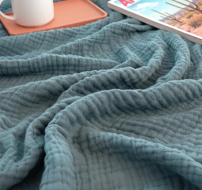 KyraHome 100% Cotton Throw Blankets for Couch, 60"x80" Pre-Washed Plant-Dyed Breathable Lightweight Gauze Soft Muslin Summer Throw Blankets, All Season (Slate Blue)