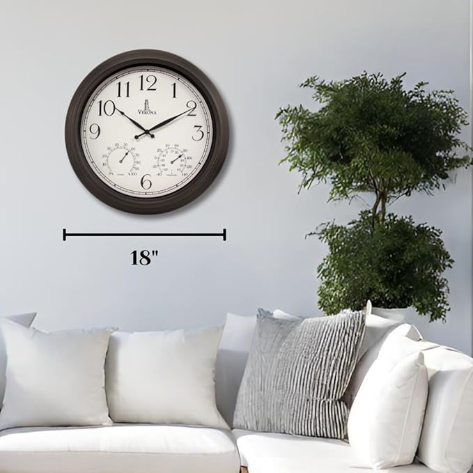 18 inch Outdoor Clocks for Patio Large Waterproof with Thermometer - Black Indoor Outdoor Clock with Temperature and Humidity for Wall - Weatherproof, Accurate & Easy to Read for Pool, Patio & Garden