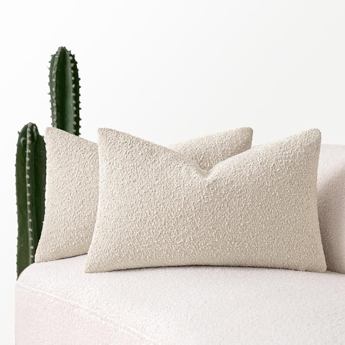 MIULEE 12x20 Inch Decorative Lumbar Pillow Covers for Couch Bed Set of 2 Textured Boucle Neutral Throw Pillow Covers Natural Beige Ivory Accent Solid Pillowcases Sofa Living Room Home Decor