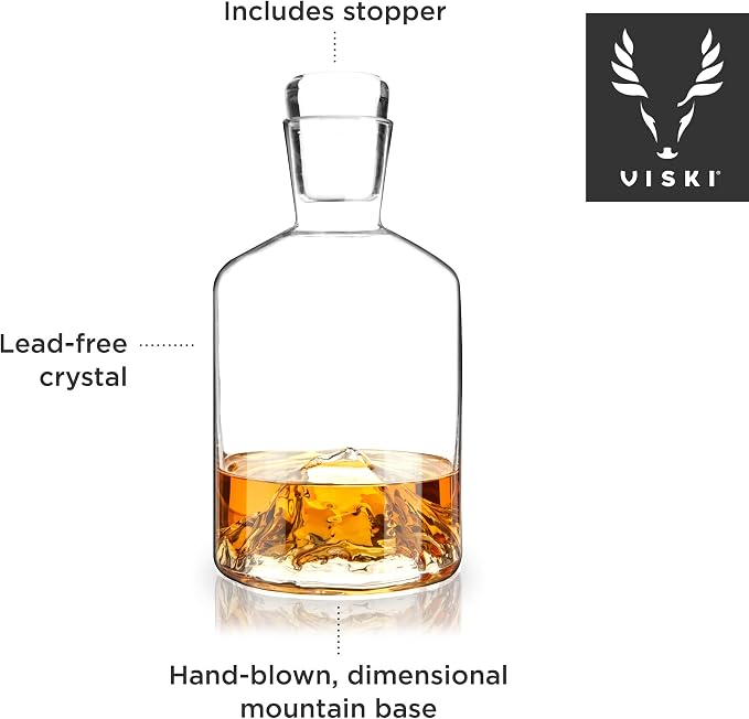Viski Mountain Whiskey Decanter with Stopper, Hand Blown Liquor Decanter for Bourbon, Scotch, Spirits, Wedding Gifts, Anniversary Gifts for Men, Elegant Home Bar Accessories, 24 oz (709 ml)