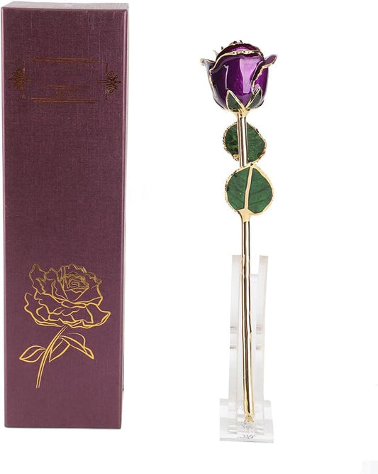 Ejoyous 24k Gold Dipped Rose Forever Preserved Long Stem Rose Flower for Wife Mother Girlfriend Her Birthday Christmas Day Valentine's Day Anniversary, Rose with Stand