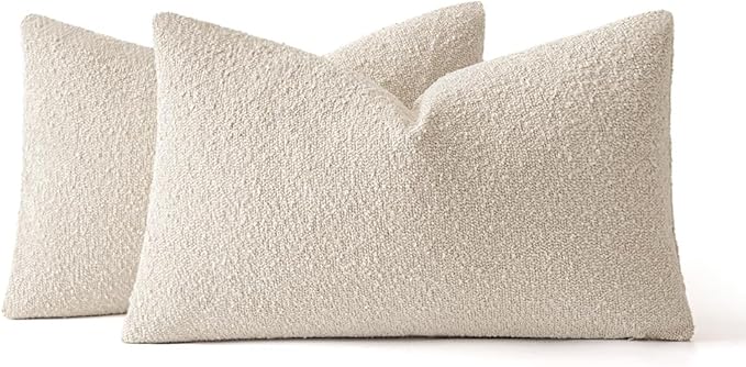 MIULEE 12x20 Inch Decorative Lumbar Pillow Covers for Couch Bed Set of 2 Textured Boucle Neutral Throw Pillow Covers Natural Beige Ivory Accent Solid Pillowcases Sofa Living Room Home Decor