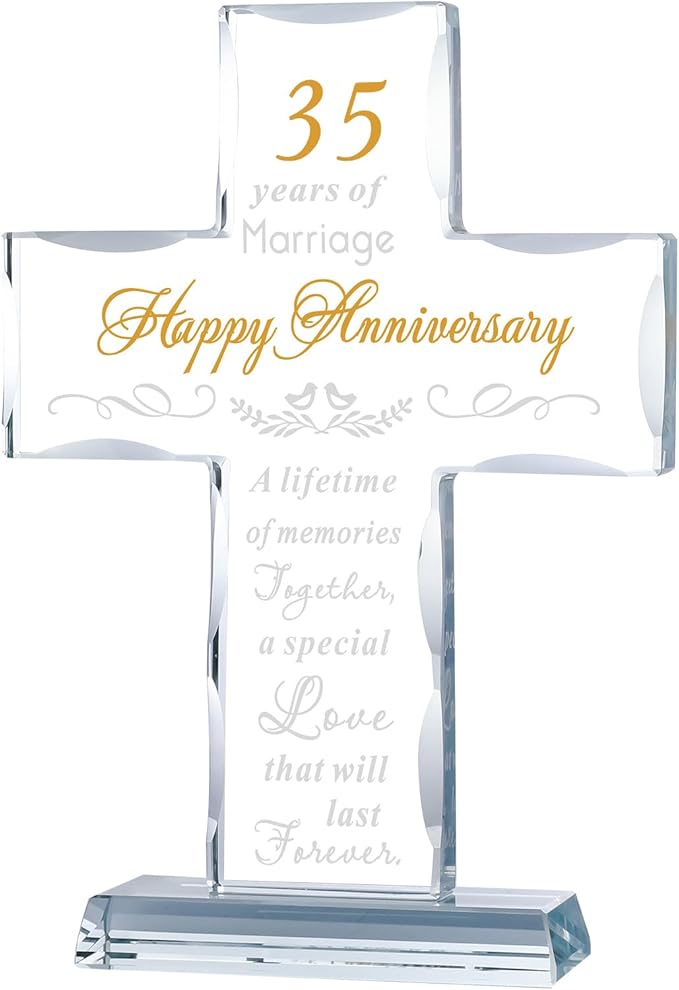 YWHL 35th Wedding Anniversary Cross Gifts for Her Him, Unique Glass Cross Gifts with Romantic Quote, 35 Years of Marriage Gifts for Couple, Standing Cross Gifts for 35th Anniversary Decoration