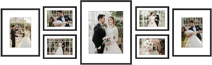 Golden State Art, Picture Frame Set 7 Pack, Gallery Wall Frame with One 11x14, Two 8x10, and Four 5x7. Aluminum Photos Frame for Wall or Tabletop Display (Style 1, Black, 7 Pack)