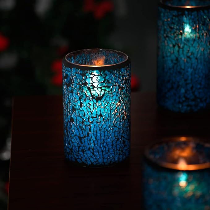 TELOSMA LED Mosaic Flameless Candle, Blue Cracked Glass Pattern Flikering Wick Pillar Candle - Wedding Table Centerpieces Fireplace Decor - Set of 3