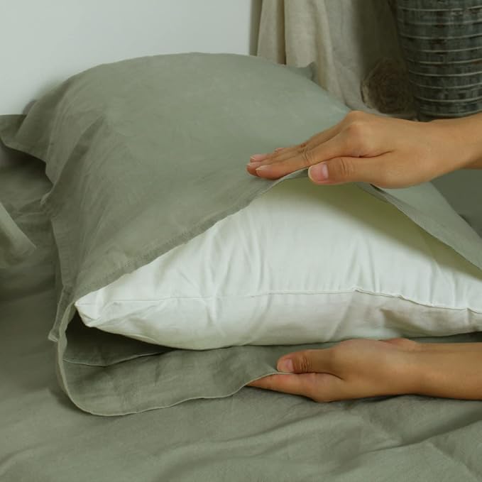 Linen World Natural Linen Pillowcase Set - Stone Washed Moisture-Absorbing,Queen Size (20''x30''),Sage Green