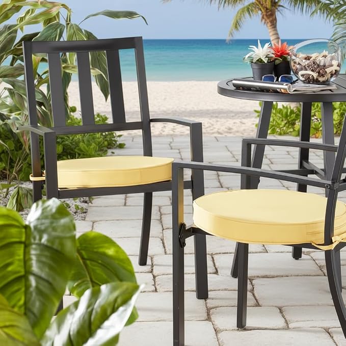 Set of 2 Outdoor 18 inch Round Patio Dining Chair Pads – Comfortable Fiber-Filled Seat Cushions with Ties, Reversible Polyester Fabric, Sunbeam