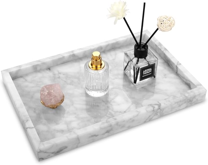 Marble Bathroom Vanity Tray, Natural Luxury Vanity Home Kitchen Bathroom Table Tray, Stone Decorative Countertop Dresser Trays for Key Coffee Perfume Jewelry Makeup (Carrara White, 12"x 8" x1.2")