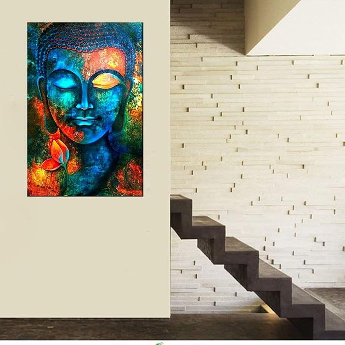 Blue Buddha Wall Decor Colorful Abstract Buddha Head Wall Art Zen Posters Modern Home Decor Living Room Study Bedroom Canvas Prints Painting Lotus Murals Hang Pictures Decoration 36x48 Inch
