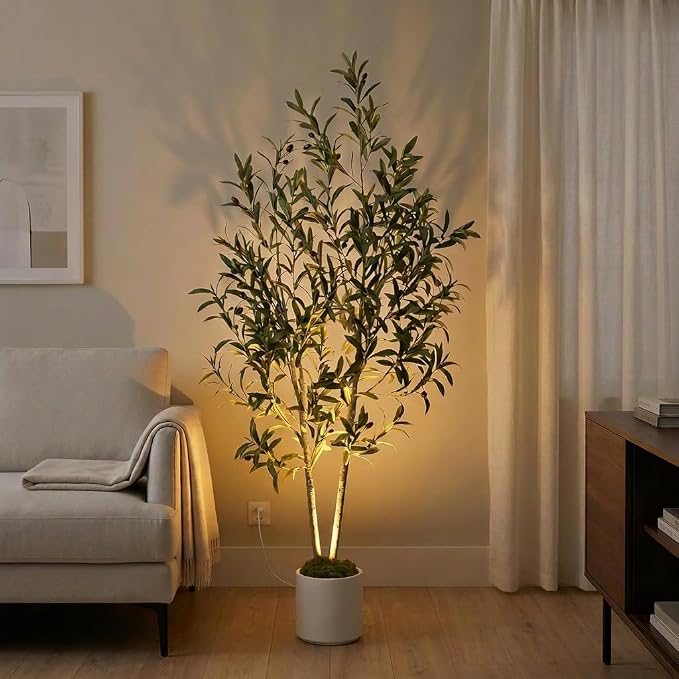 5ft Lifelike Artificial Olive Tree with Light, White Pot, Moss & LED | 711 Vein-Detailed Leaves, 40 Olives · 4ft Wired USB LED with Switch · Moss Included · Shapeable Branches · Zero Maintenance