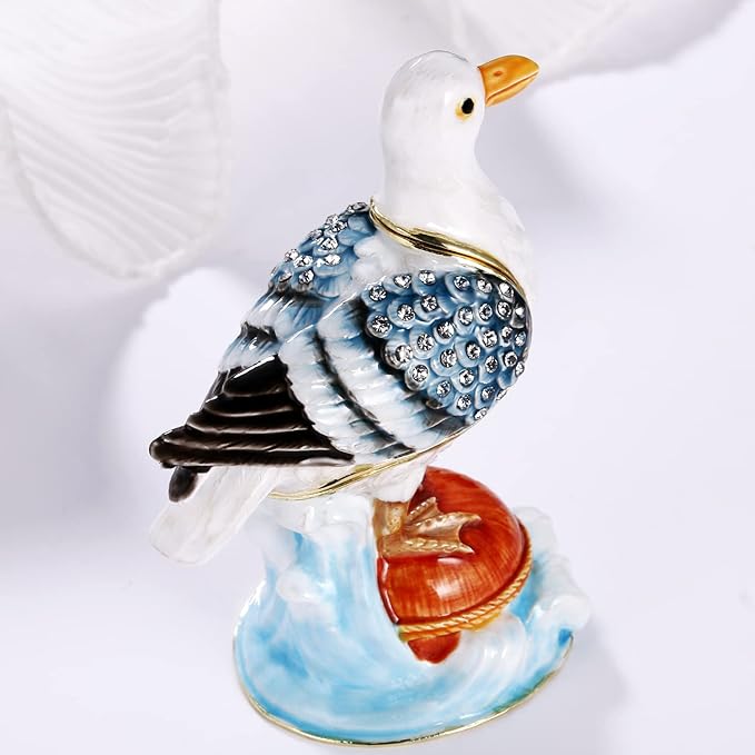 Hand Painted Enamel Seagull Trinket Box for Home Decor, Hinged Jewelry Organizer for Ring Earrings, Unique Figurine Keepsake Collectible Personalized Elegant Handmade Ornament Gifts (White Seagull)