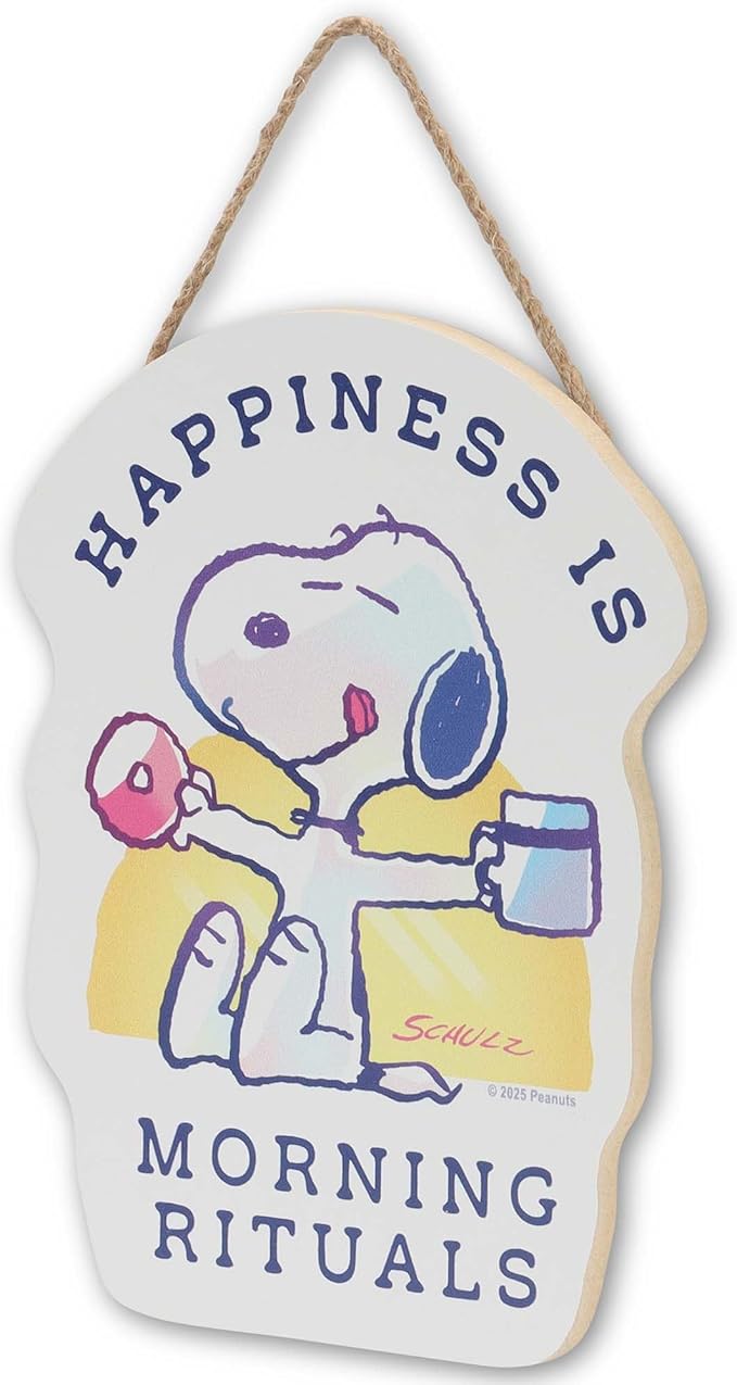 Peanuts Snoopy Happiness is Morning Rituals Hanging Wood Wall Decor - Cute Snoopy With Coffee Sign for Home or Office