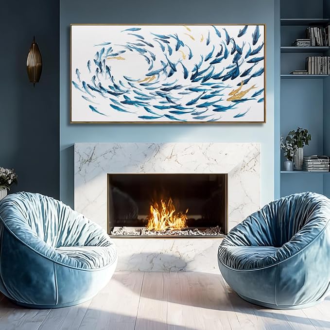 Kureful Fish Home Wall Decor White And Blue Wall Art Ocean Fishes Canvas Pictures 24"x48" Artwork for Bedroom Kitchen Poster