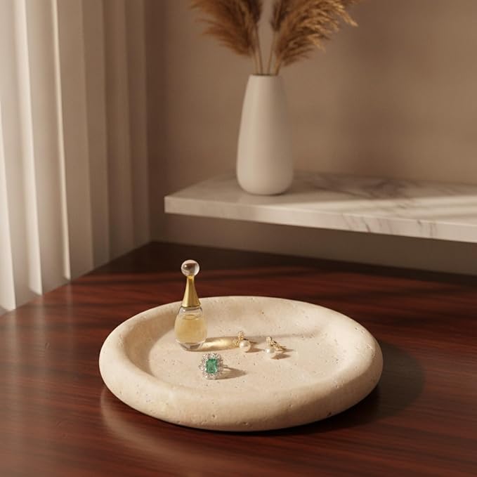 Threehoney 5.5 Inch Small Travertine Stone Tray Marble Jewelry Dish Trinket Tray for Women, Perfume, Coffee Table (Round)