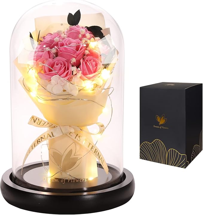 Beauty and The Beast Rose,Lasts Forever Pink Roses,Light Up Rose in Glass Dome,Gifts for Women,Birthday Gifts for Mom,Wife,Grandma,Anniversary,Mothers,Thanksgiving,Christmas Flowers Gifts