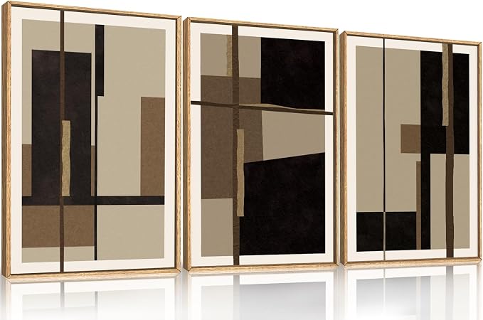 Abstract Shapes Framed Canvas Wall Art Set, Mid-Century Black Polygon Wall Decor, Black Brown Irregular Painting, Neutral Modern Art Print for Living Room, Dining Room, Office-16 x24 x3