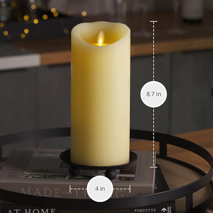 Luminara Scalloped Edge Flameless LED Candle - Ivory 4" x 9" - Real Wax Pillar Battery Operated Moving Flame w/Timer Unscented 1000Hr Runtime