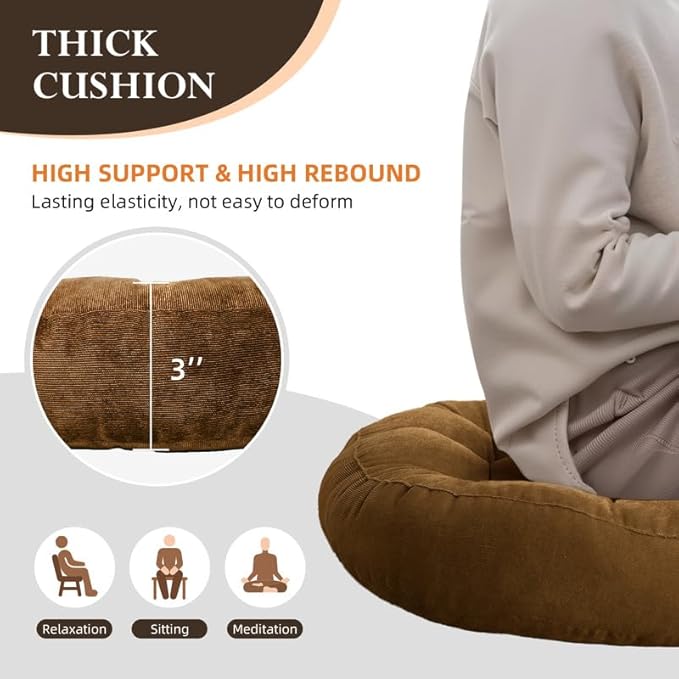 Meditation Floor Pillow Set of 2 Large Round Floor Cushions for Adults Tufted Corduroy Floor Seat Pillows Cushion for Living Room Tatami Yoga,Yellow 22x22 Inch