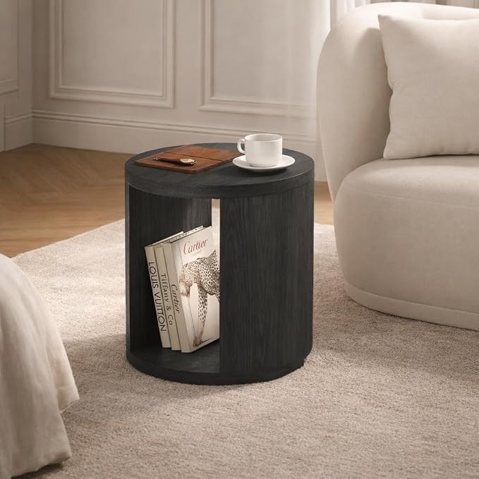 Manhattan Comfort Alure 20" Round End Table, Modern Accent Side Table with Open Storage, Elegant Wood Grain Design, Compact Living Room Furniture, Charcoal
