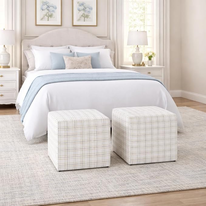 HomePop 19" Square Ottoman - Natural Plaid Woven Fabric