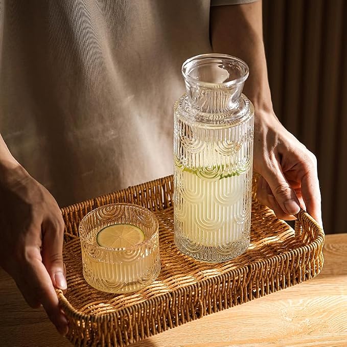 Coloch 4Pcs Bedside Glass Carafe Set With Tumbler, 21 Oz Glass Water Pitcher with 6 Oz Cup as Lid Vintage Mouthwash Dispenser Nightstand Carafe and Cup for Midnight Drink Set, for Bedroom, Bathroom