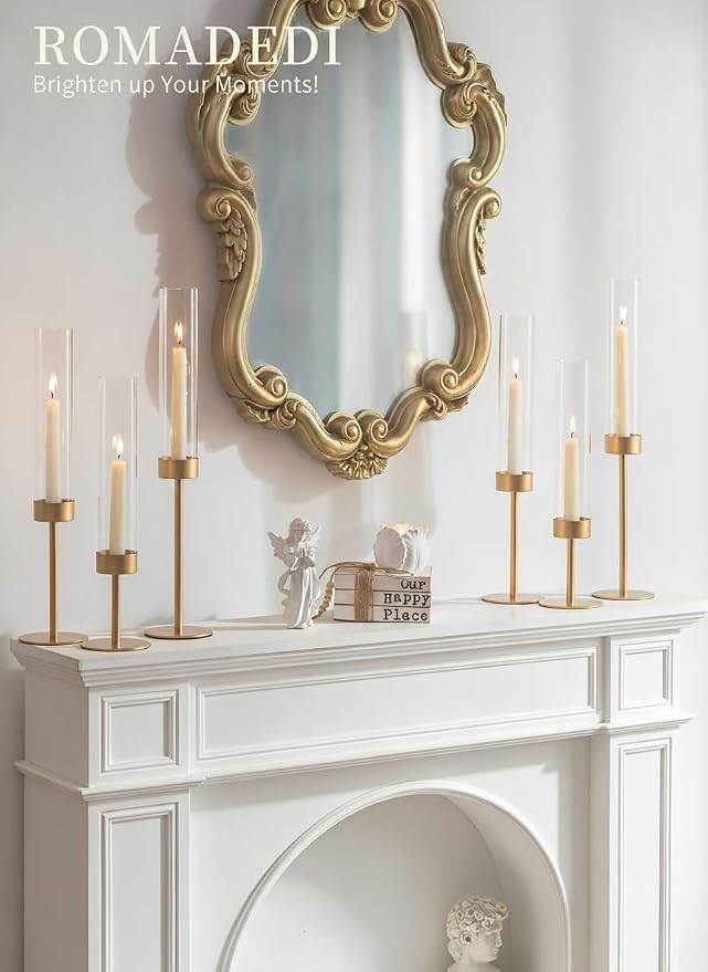 Glass Hurricane Candlestick Holders Gold - Romadedi Set of 6 Taper Candle Holder Bulk Tall Clear Glass Cylinder Table Centerpiece Wedding Decor Party Birthday Christmas Home Decorations