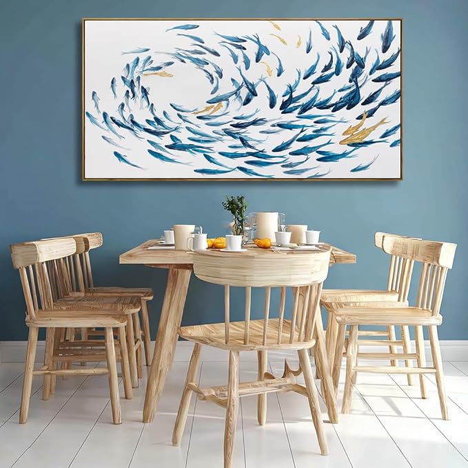 Kureful Fish Home Wall Decor White And Blue Wall Art Ocean Fishes Canvas Pictures 24"x48" Artwork for Bedroom Kitchen Poster