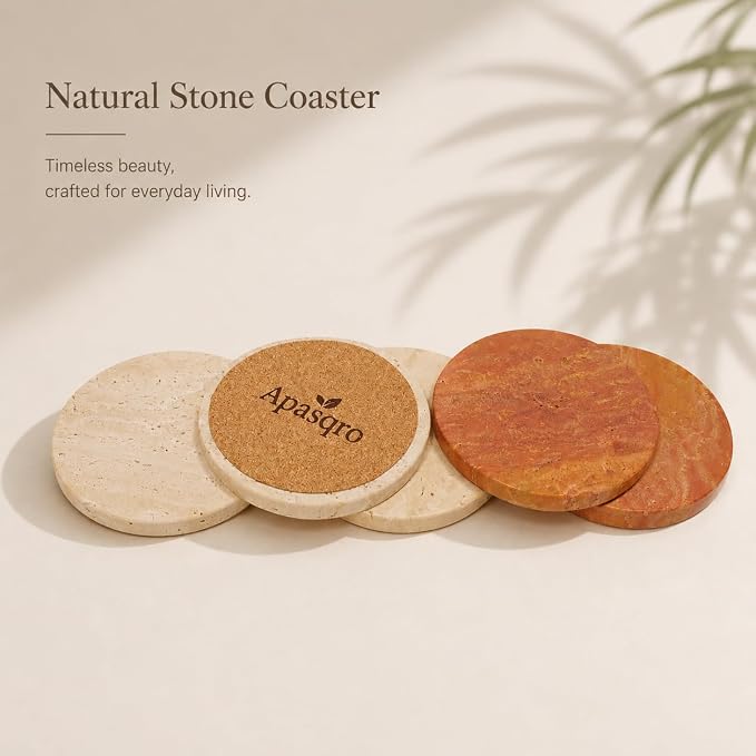 Natural Travertine Coasters Set of 4 – Absorbent Stone Drink Coasters with Cork Backing, 4” Round Neutral Coffee Table Décor for Organic Modern Home Aesthetic