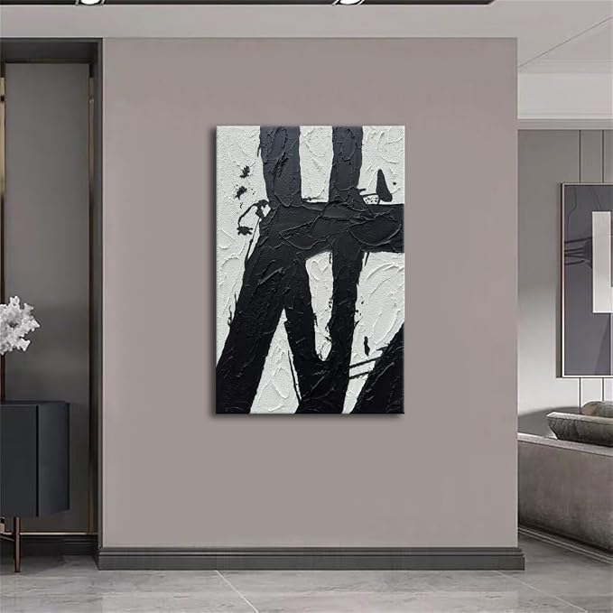 Hand Painted Black and White 24x36 Wall Art, Black and White Paintings Vertica Texture Abstract Wall Canvas Contemporary Art Minimalist Home Decorations Framed Artwork Wall