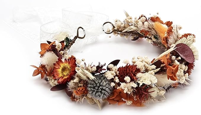 Preserved Natural Dried Flower Crown, Rustic Wedding Wreath Headband, Burnt Orange Terracotta Cream Floral Hair Garland for Brides, Bridesmaids, Flower Girls