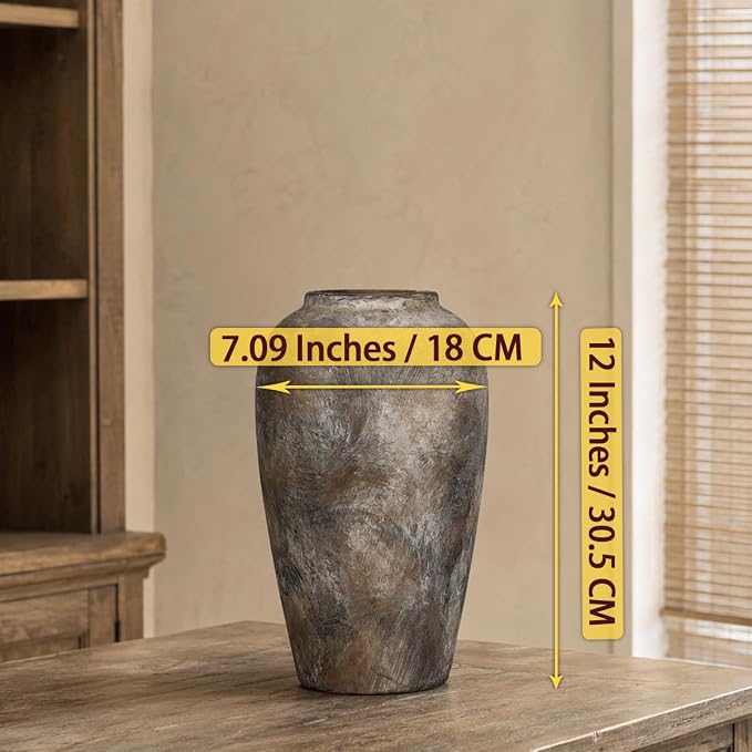 12 Inch Ceramic Rustic Farmhouse Vase, Handmade Pottery Flower Vases for Home Decor, Brown Ceramic Vase for Living Room, Table Centerpieces & Shelf Decor, Wedding Gifts